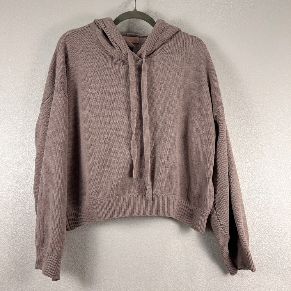 H&M Chunky Mushroom Brown Knit Hooded Pullover Sweater Relaxed Cropped Size M